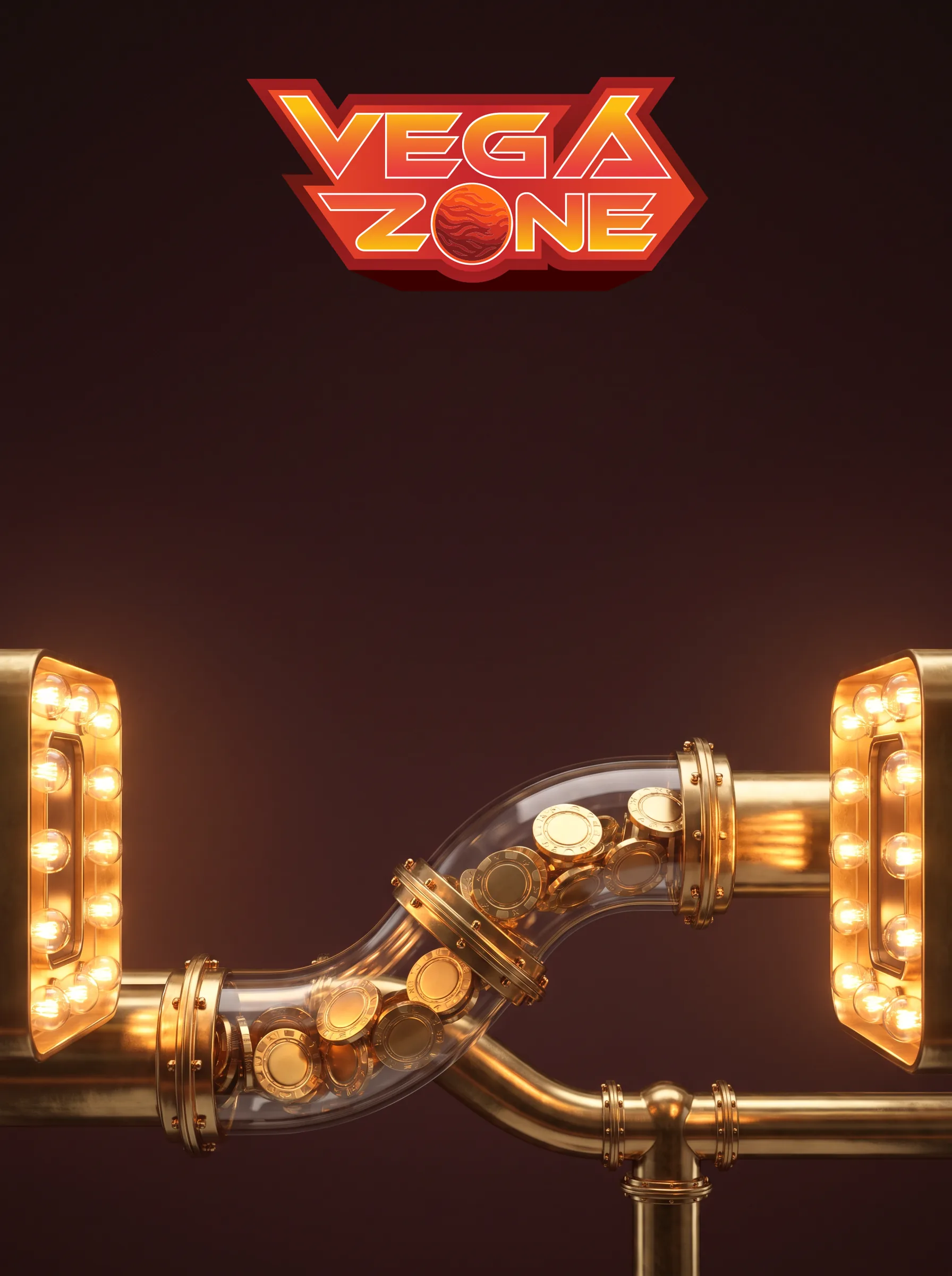 Vega Zone gold coins flowing through an illuminated tube